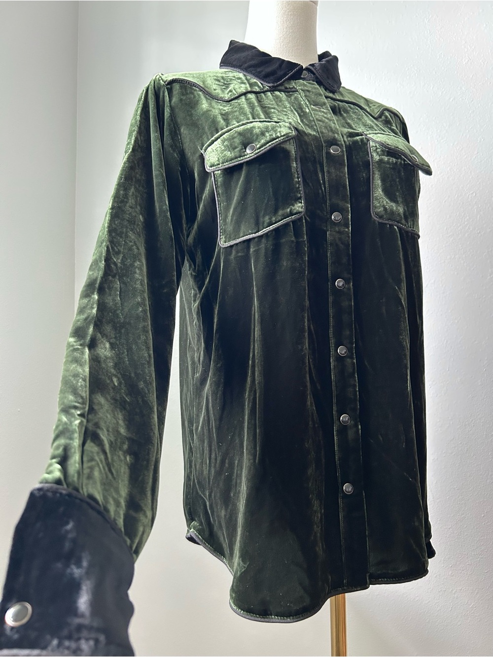 Gold Hawk Dark Olive Green Silk Velvet Western Equestrian Rodeo Shirt Womens S
